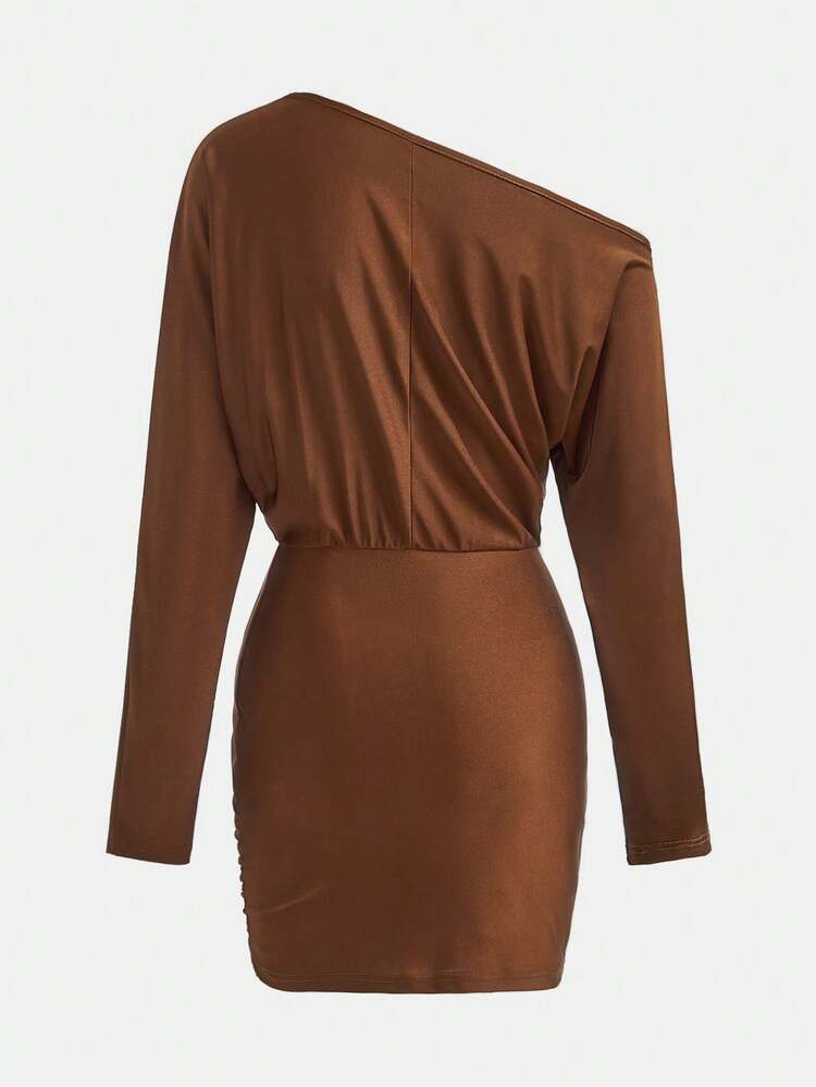 SHEIN Maija Short Stand Collar Long Sleeve Dress Draped Dress Brown Short Dress Rust Brown Dress Coffee Brown Dress Valentine's Day Spring To Summer Party Dress