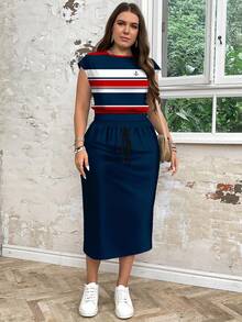 EMERY ROSE 春夏休闲度假风航海条纹印花上衣搭配蓝色半裙，简约大码女装两件套 - 彩色 - 查看 5