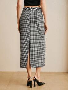 Arave 女士高腰修身铅笔裙，侧开衩设计，适合日常通勤 - 黑與白 - 查看 6