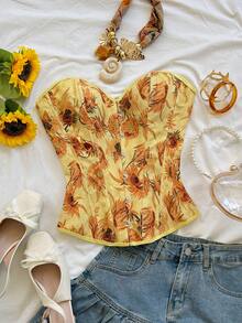 Soleia 女士复古宫廷风彩色花卉提花印花抹胸露脐上衣，带纽扣和后系带 - 黃色 - 查看 3