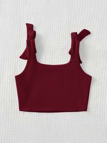 SHEIN Sweet Cute Square Neck Bow Knit Jacquard Camisole For Young Girls, Summer - Burgundy - View 2