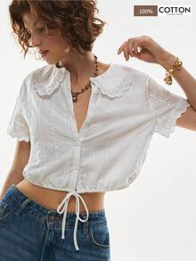 Poéselle Women's Cotton Mesh Embroidered Lace-Up Button Blouse,White Top,Cotton Shirt,Elegant Valentine, Vacation,Summer Tops,Spring/Summer Blouse Summer, White Cropped Blouse - White - View 2