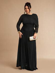 SHEIN BAE Vestido assimétrico de malha de tule marrom café de manga comprida para mulheres plus size - Preto - Ver 6