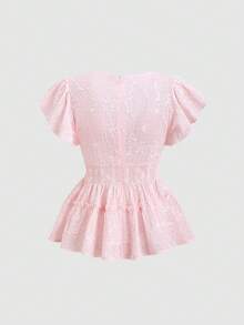 SHEIN Sweetro Spring/Summer New V-Neck Ruffle Sleeve Cinched Waist A-Line Blouse, Suitable For Outings And Commuting - Pink - View 2