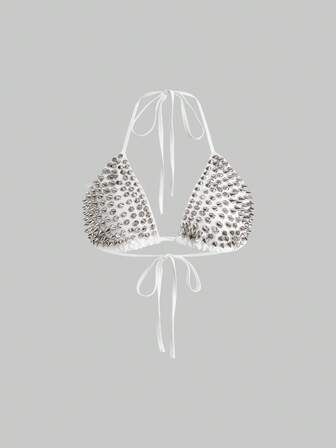 Grunge Punk Top corto con cuello halter sin espalda con remaches de estilo punk de metal