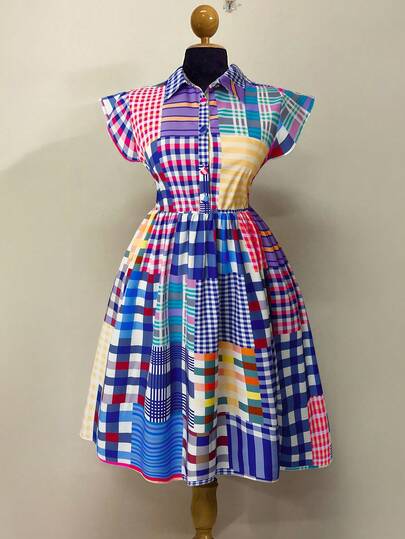 Sunspun Robe moulante casual en patchwork à carreaux