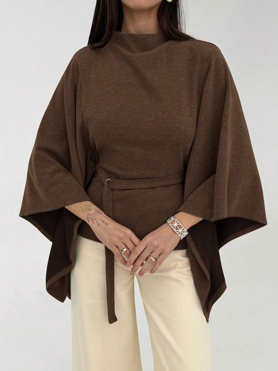 Aloruh 女士纯色立领喇叭袖系带时尚衬衫 - 咖啡棕 - 查看 1