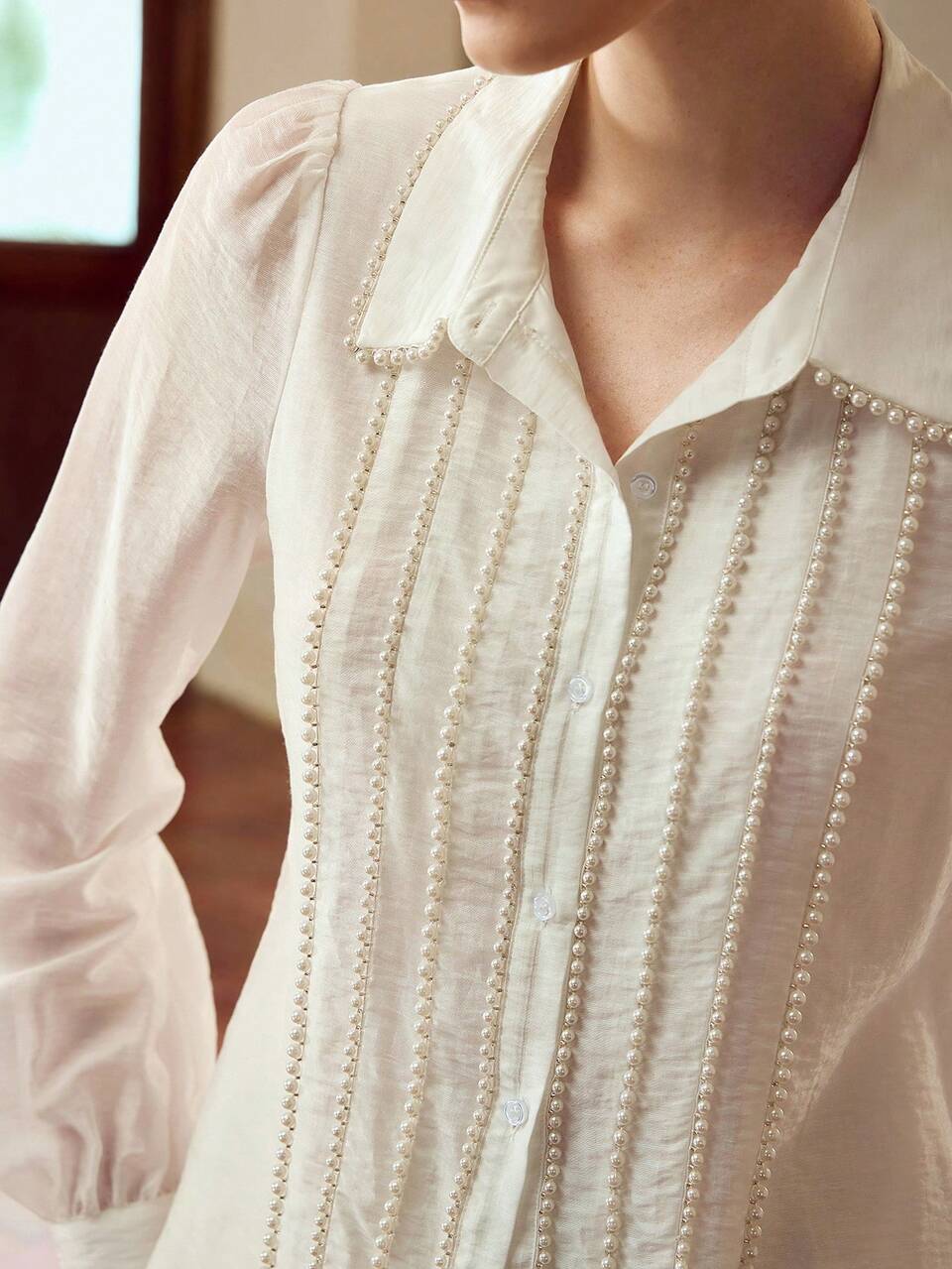 ZEYLAH Custom Made Pearl Chain Detail Women's Long Sleeve Single-Breasted Elegant Blouse Fall Cloth For Women