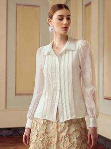 ZEYLAH 定制珍珠链细节女式长袖单排扣优雅衬衫 - 白色 - 查看 4