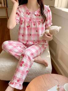 女童格子印花荷叶袖樱桃刺绣短袖上衣和裤子两件套休闲家居服 - 粉色 - 查看 7