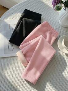 SHEIN 年轻女孩休闲纯色可爱裤子适合年轻女孩秋冬 - 粉色 - 查看 1