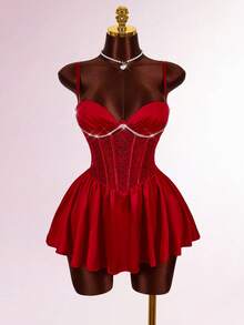 Amplova Sexy Party Women's Contrast Lace Ruffle Hem Spaghetti Strap Mini Dress - Burgundy - View 3