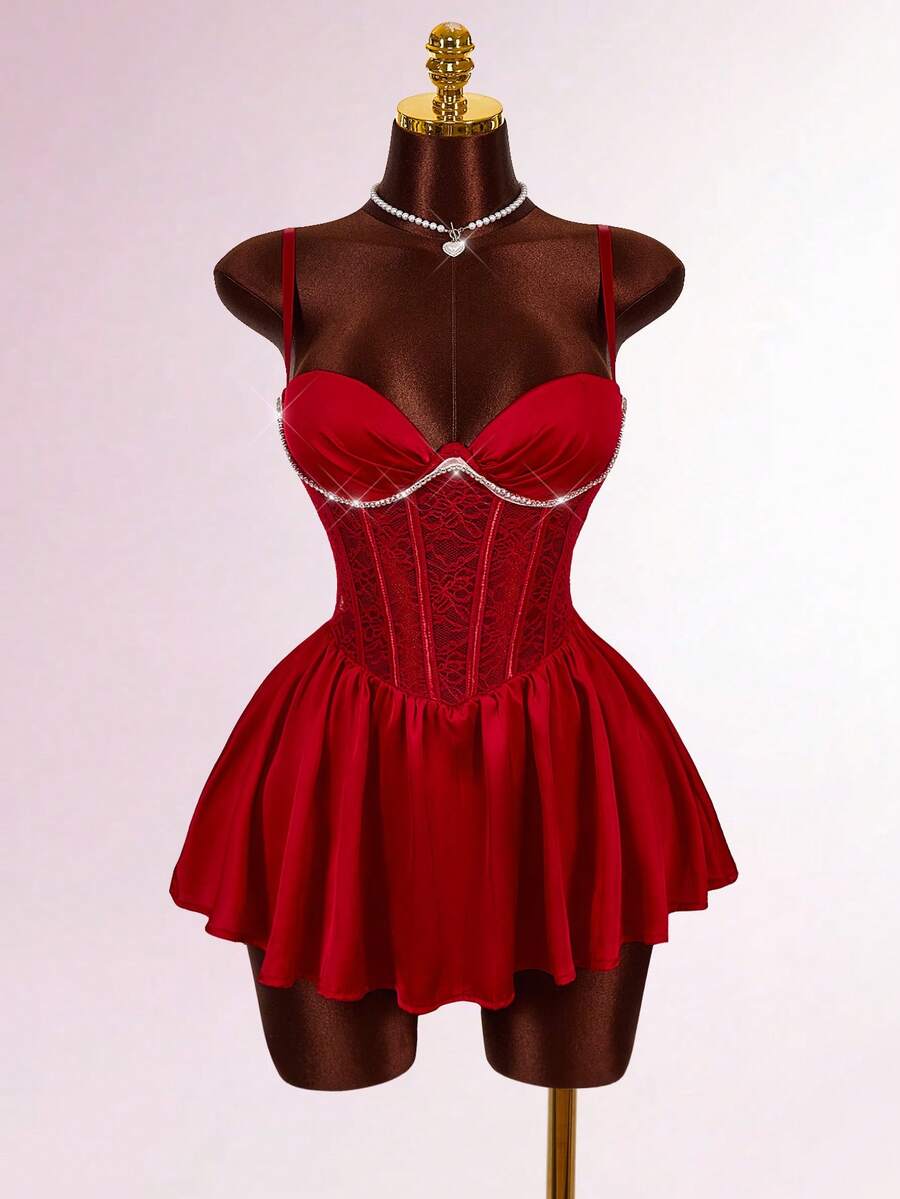 Amplova Sexy Party Women's Contrast Lace Ruffle Hem Spaghetti Strap Mini Dress - Burgundy - View 1