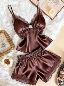 Franclia Bộ đồ 2 món dành cho nữ cỡ lớn, phối ren, buộc dây phía trước, gồm áo hai dây và quần short. - màu nâu - Xem 1