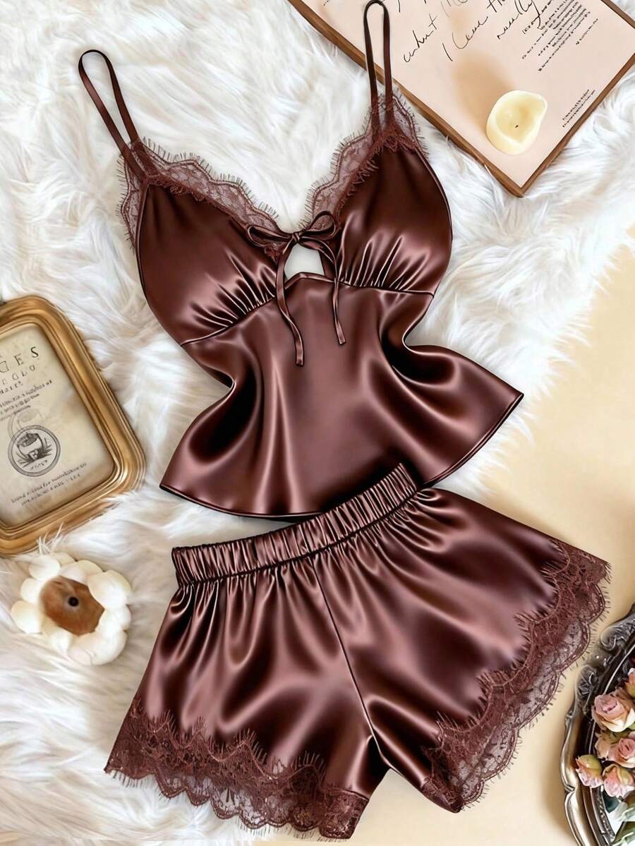 Franclia Bộ đồ 2 món dành cho nữ cỡ lớn, phối ren, buộc dây phía trước, gồm áo hai dây và quần short. - màu nâu - Xem 1