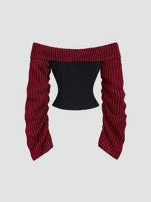 Sweetra 哥特风不对称荷叶边长袖露肩性感修身派对上衣，秋季女款 - 紅色 - 查看 2