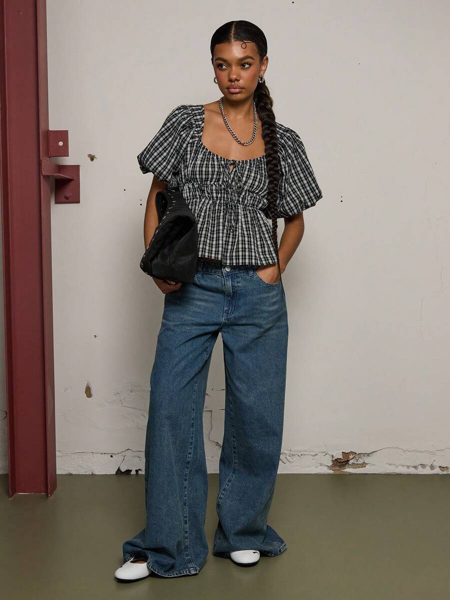 COUREZ PUFF SLEEVE BACKLESS SHIRT IN MICRO CHECK - Black and White - View 1