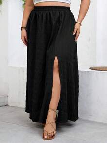 SHEIN CURVE+ Váy nữ dáng suông US22, thích hợp cho lễ hội âm nhạc, kỳ nghỉ biển, phong cách bohemian, màu trơn, cạp chun, xẻ tà bên hông, thích hợp mặc mùa hè. - màu đen - Xem 6