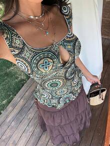 Sunnyshic Short Length Green Printed Mesh Fabric T-Shirt For Women With Ruffle Neckline And Cap Raglan Sleeves - Green - View 1