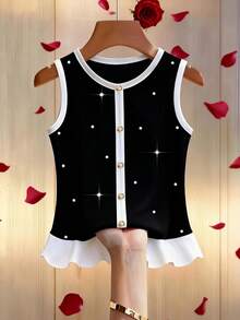 EMERY ROSE Plus Size Sleeveless Beaded Contrast Color Round Neck Elegant Tank Top Black And White Blouse Pearl Embellished Top Sleeveless Blouse Peplum Top - Black and White - View 1