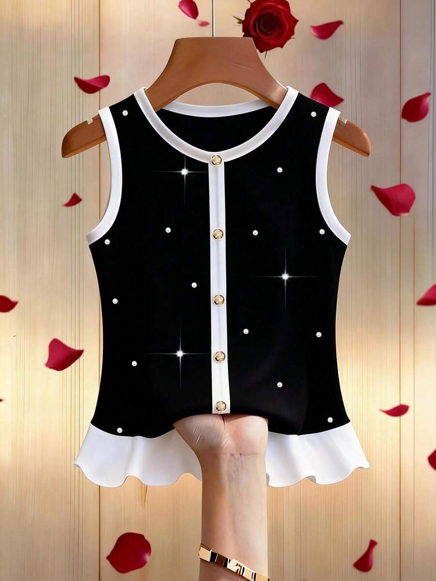 EMERY ROSE Plus Size Sleeveless Beaded Contrast Color Round Neck Elegant Tank Top Black And White Blouse Pearl Embellished Top Sleeveless Blouse Peplum Top - Black and White - View 1