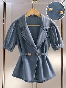 GlowEve 女士翻领短泡泡袖双排扣休闲牛仔外套 - 藍色 - 查看 7