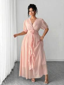 Elenzga 大码女士优雅雪纺V领3D玫瑰装饰灯笼袖褶皱荷叶边中长连衣裙，适合晚宴、约会等场合 - 香檳色 - 查看 7