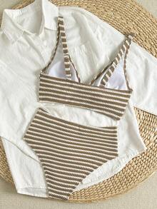 Swim Chiccia Women's New V-Neck Sleeveless Knit Jacquard Fabric Top And High Waist Triangle Bottom Casual Elegant Swimsuit 2-Piece Set, Spring/Summer - Multicolor - View 8