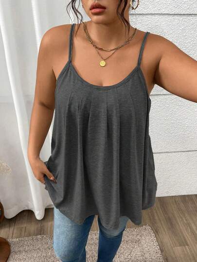 SHEIN LUNE Plus Size Women Knitted Loose Lightweight Pleated Sexy Gray Camisole Top, Summer