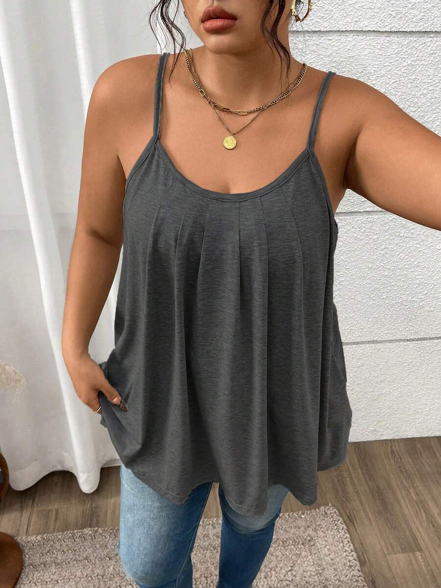 SHEIN LUNE 大码女式针织宽松轻薄褶皱性感灰色吊带背心，夏季 - 深灰色 - 查看 1