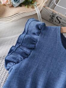 SHEIN 1pc Tween Girl Casual Woven Bamboo Linen Blend Round Neck Cap Sleeve Laser Cutout Hem Fitted Blue Dress, Elegant & For Daily Wear, Commute, Party - Blue - View 7