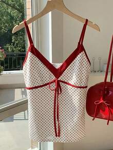 SHEIN EZwear 情人节休闲简约爱心波点印花撞色系带吊带背心（女款） - 彩色 - 查看 5