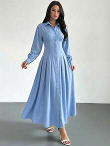 Firerie 女士休闲优雅系带纽扣连衣裙，适合通勤/蓝色A字裙/流行色/春季服装/教师装/精致衬衫裙/女士休闲连衣裙/显瘦连衣裙/女士正式连衣裙 - 藍色 - 查看 4