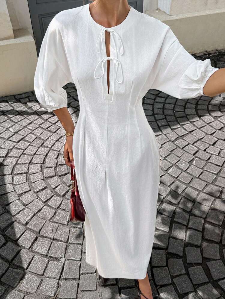 Siren Gaze Business Casual Woman Wedding Guest Dress Women  All White Party Outfit Women   Women's Maxi Dress, White Maxi Dress Old Money Style Wome Teacher Outfits For Women Solid Color, Long Sleeves, Tie-Up Simple And Stylish, Suitable For Summer Ladies Summer Wear Women's Summer Simple Solid Color Front Tie Waist Dress New Year Casual White - White - View 9