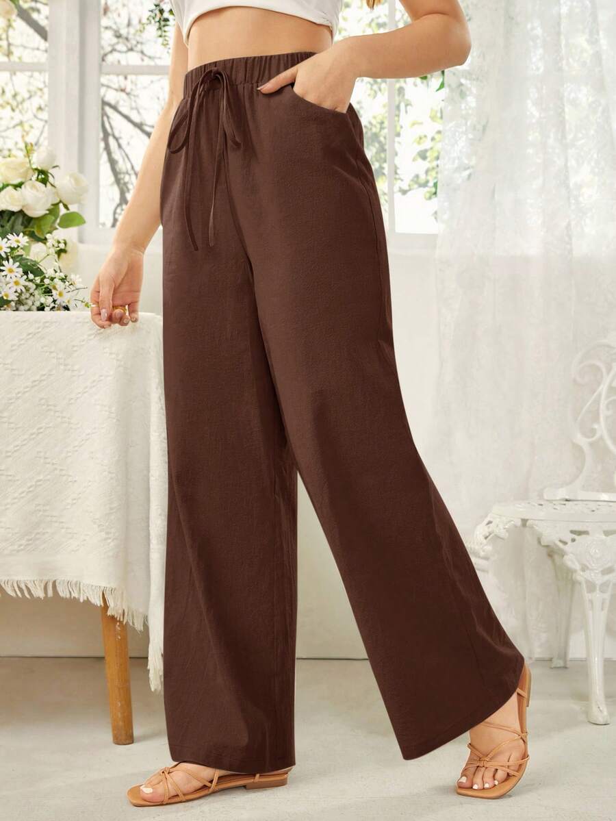 SHEIN Essnce 女士纯色腰带口袋阔腿宽松休闲裤 - 棕色 - 查看 1
