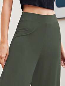 SHEIN Essnce 女士休闲日常通勤简约纯色宽松阔腿裤 - 綠色 - 查看 5