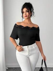 Elenzga Áo kiểu nữ cỡ lớn thanh lịch, trễ vai, phối ren, tay ngắn, thắt eo, phù hợp công sở, áo mùa xuân/hè, áo ren nữ, áo trễ vai, áo gợi cảm. - màu đen - Xem 3