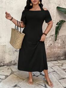 Elenzga Plus Size Women Halter Neck Short Sleeve Bodycon Dress - Black - View 4