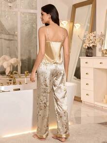 2pcs Satin Camisole & Heart Letter Print Pants Pajama Set - Champagne - View 2