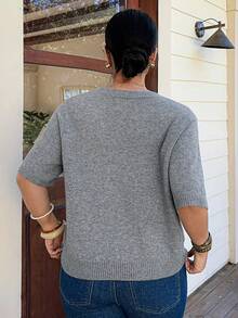 Dazy Plus Plus Size Women Heart Pattern Short Sleeve Casual Knit Top, Spring/Summer - Grey - View 2