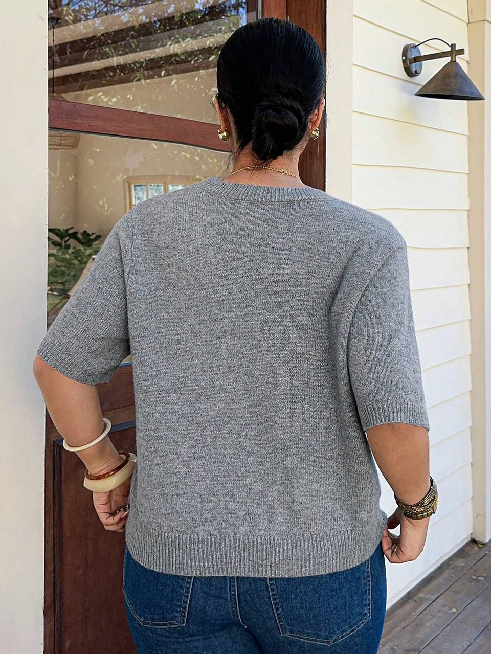 Dazy Plus Plus Size Women Heart Pattern Short Sleeve Casual Knit Top, Spring/Summer