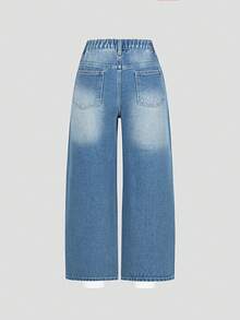 SHEIN Jeans de mezclilla para niñas preadolescentes, nueva colección de verano, casual y cómoda, mezclilla lavada en color azul claro, con aplicaciones de rhinestones, silueta de pierna ancha, tela de algodón suave, adecuada para uso diario, escuela, transporte, reuniones - Azul lavado medio - Ver 3