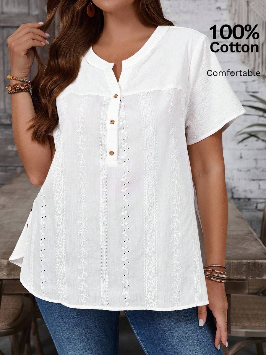 EMERY ROSE Plus Size Casual Solid Color Embroidery Patchwork Shirt Women's Summer Embroidered V-Neck Short-Sleeve Shirt,Short Sleeve Tops Summer For Women,Vacation For Women Holiday Boho,Spring - White - View 1