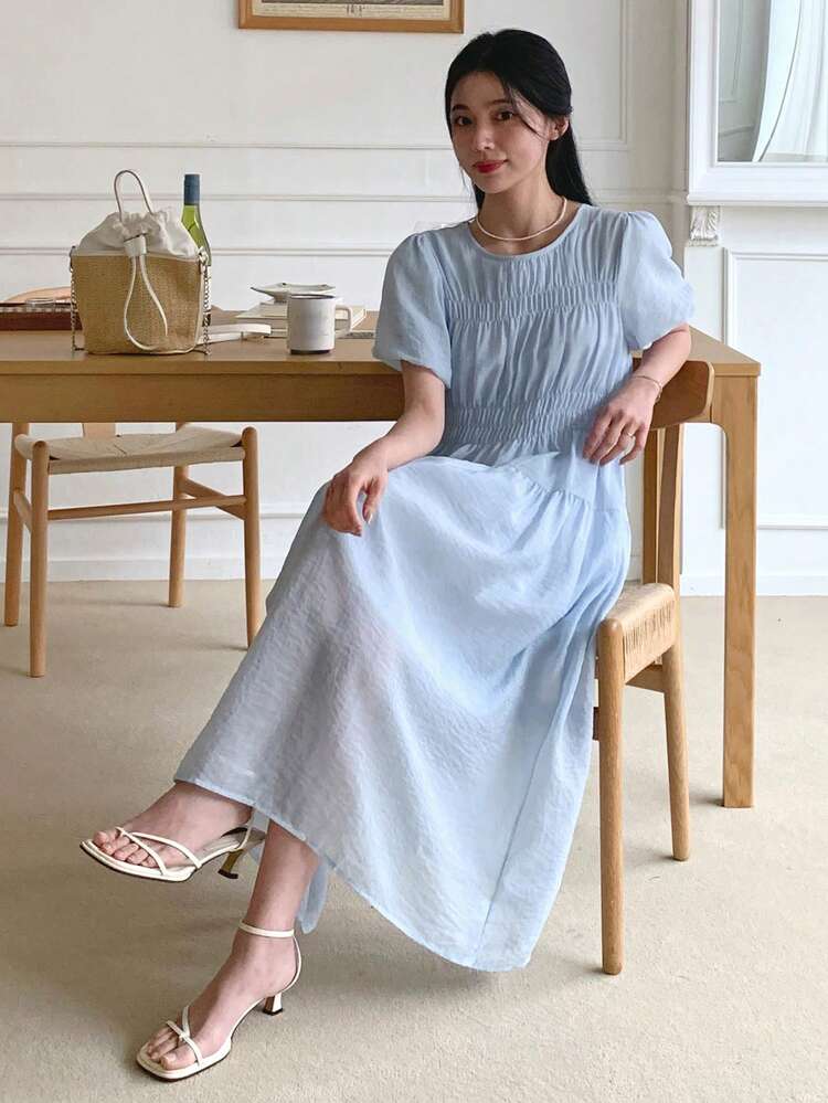 Women's Round Neck Cinched Waist Midi Mesh Dress Sundress