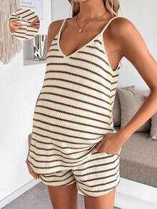 SHEIN Maternity Women's Striped Camisole Top And Adjustable Waist Shorts Set - Coffee Brown - View 4