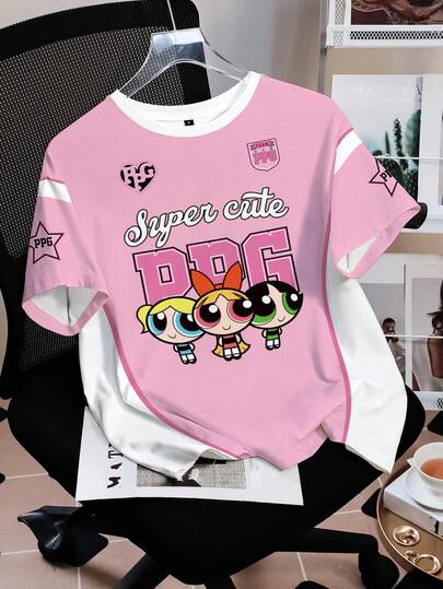 THE POWERPUFF GIRLS X SHEIN 여성 캐주얼 스트리트 데일리 출퇴근 재미있는 카툰 레터 프린트 대비 색상 반팔 티셔츠, 여름