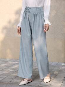 SHEIN Lacomfia Pleated Design Loose Blue Casual Elastic Waist Pants - Blue - View 3