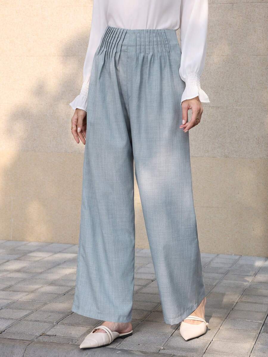 SHEIN Lacomfia Pleated Design Loose Blue Casual Elastic Waist Pants - Blue - View 1