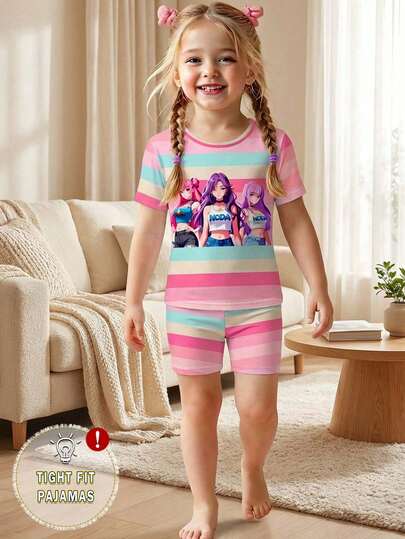 2pcs/Set Young Girls' Colorful Striped & Girl Group Graphic Print Tight Fit Knit Short Sleeve Top And Shorts Pajama Set, Spring/Summer