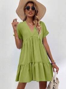 SHEIN LUNE Einfarbiges Kleid mit V-Ausschnitt, Rüschensaum, lässig und vielseitig, Kurzarm - Olivgrün - Übersicht 4